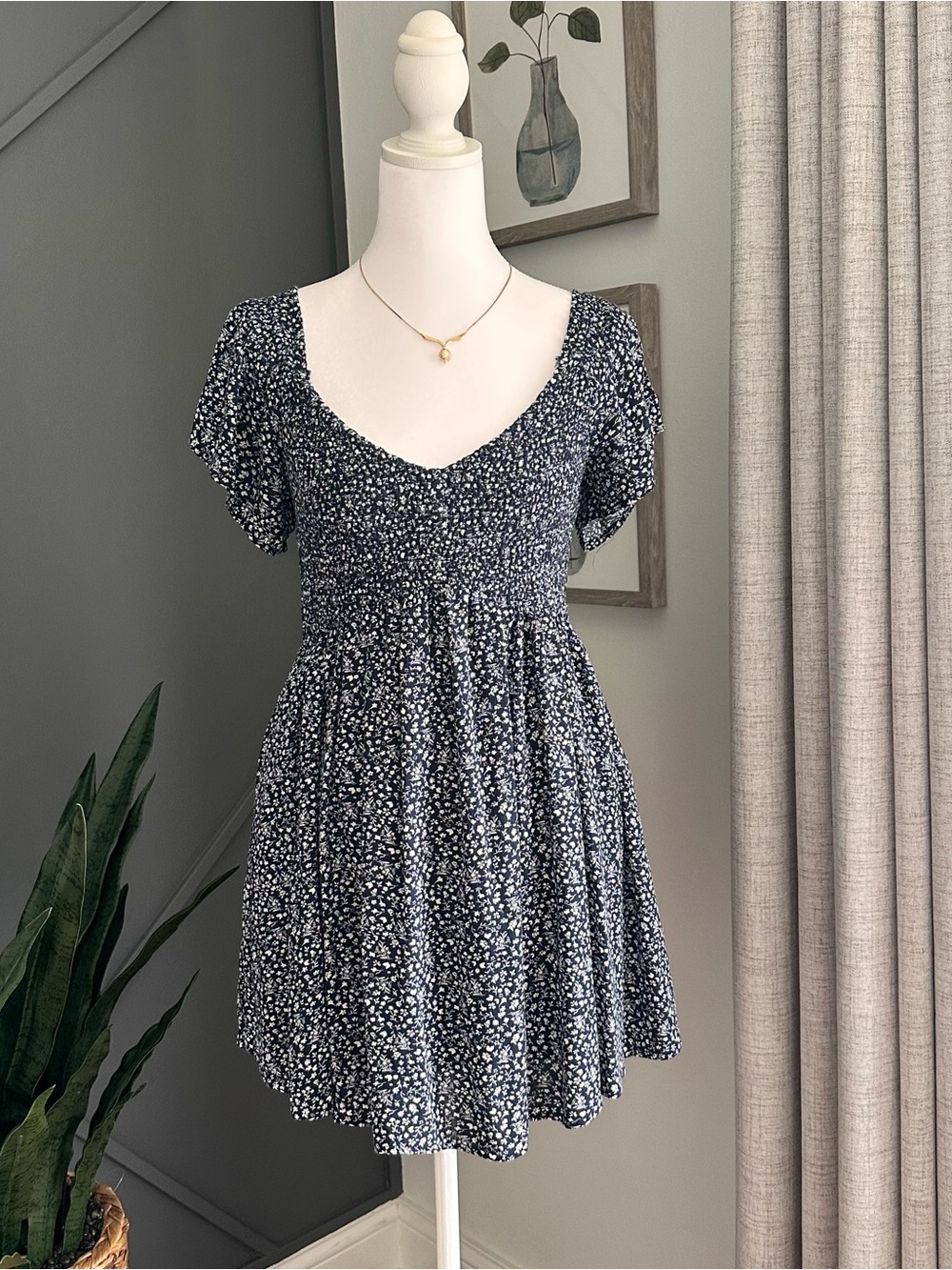 Hollister Navy Blue and Cream Floral Smocked Mini Romper